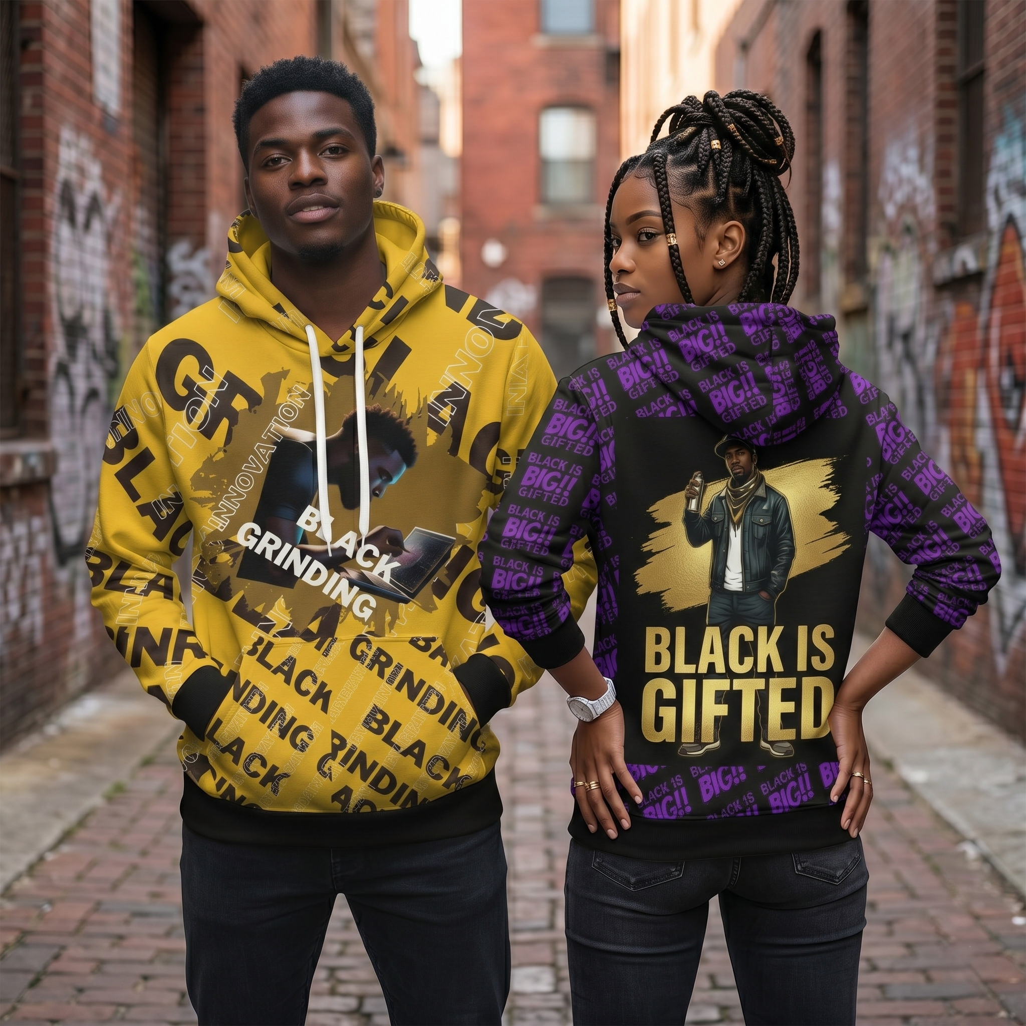 BIG!! Black Is Gifted and Black Grinding hoodies worn by two models in a city alley